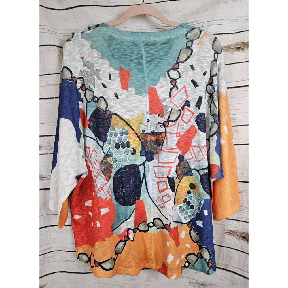 Inoah Abstract Art To Wear Print Tunic Top L Slubbed Knit 3/4 Sleeves Colorful - Picture 7 of 8